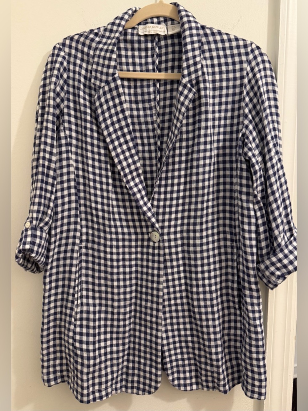 Cynthia Rowley Linen Navy and White Gingham Shirt Jacket with Pockets